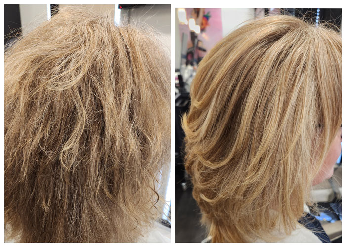 Before and after photos of a woman's hair before and after Keyliss Keratin treatment.
