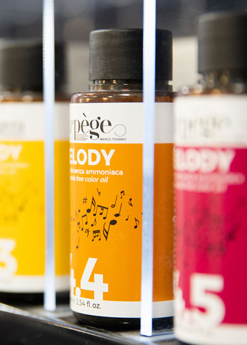 Bottles of cosmetic hair colouring products.