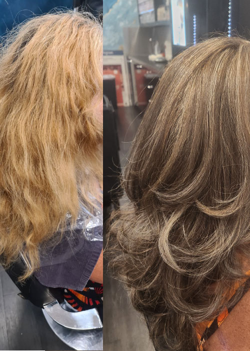 Dry and damaged hair next to tidy and neat hair.
