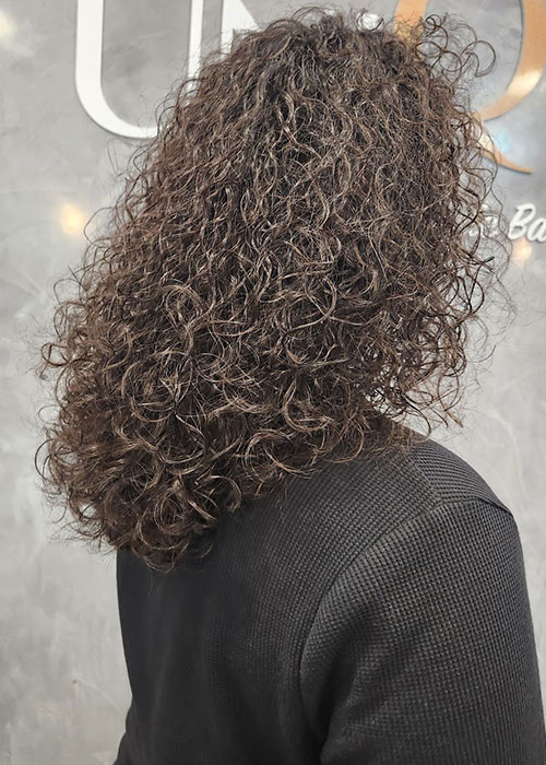 Back of a woman's head who has curly black hair.